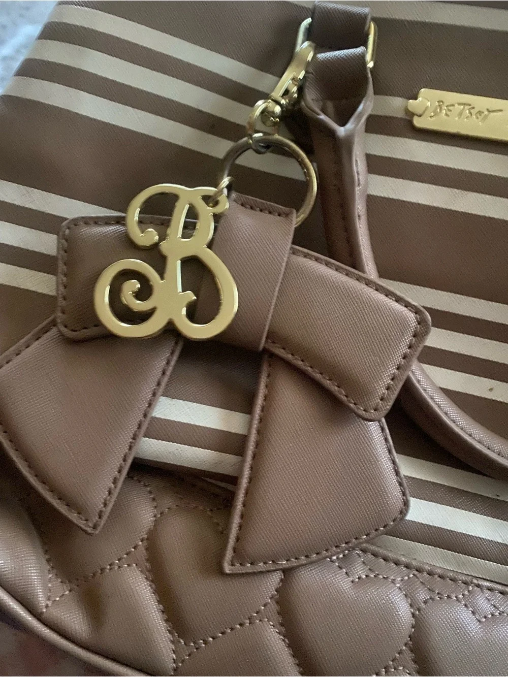 Betsey Johnson Brown and‎ Cream Striped Tote with Bow Charm 16” x12”